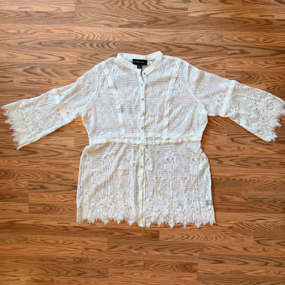 White Lace 3X Swim Cover Up Dress Beach Boho Resort Colleen Lopez Flowy Sleeve - Picture 8 of 12